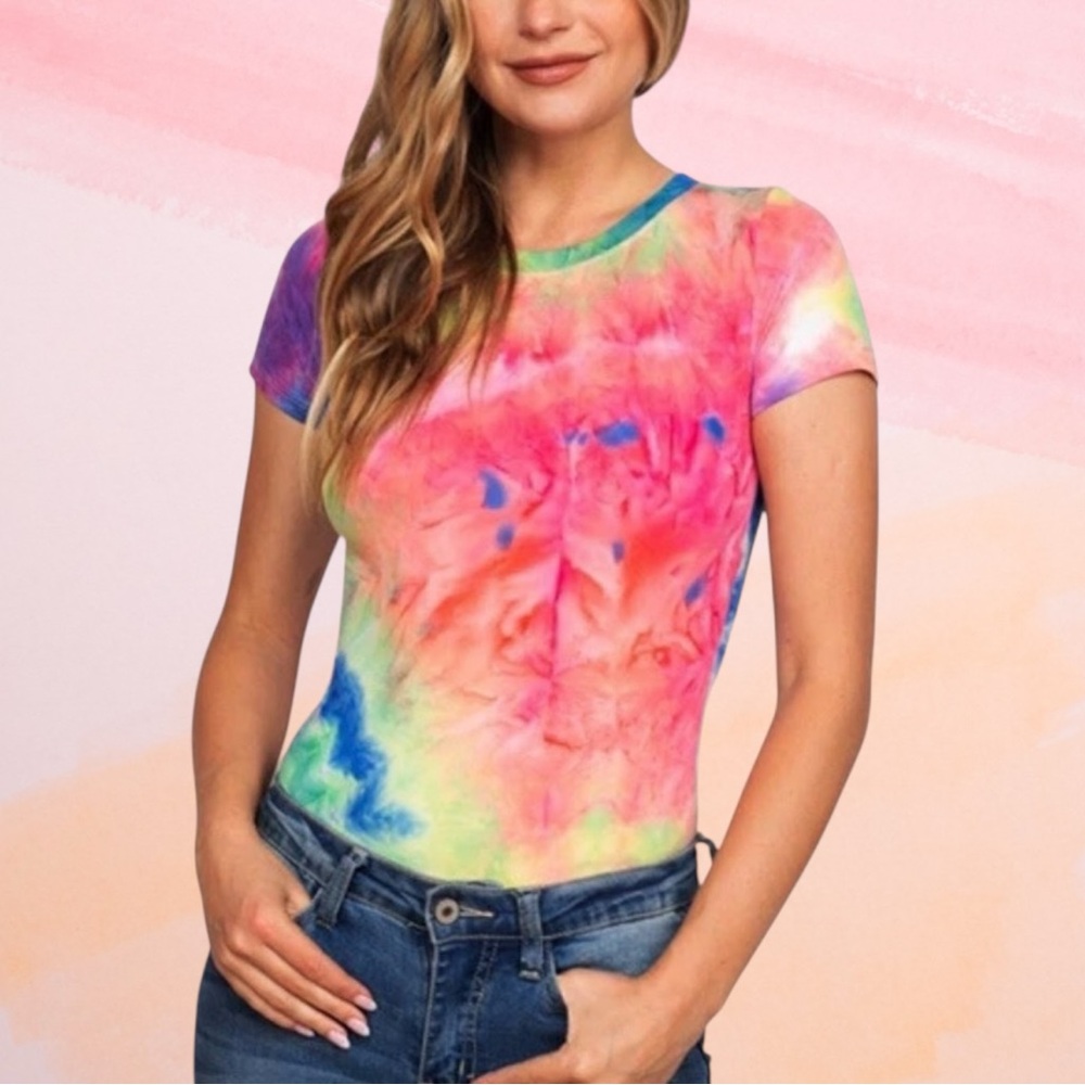 Boutique Rainbow Tie Dye Short Sleeve Soft Knit Bodysuit M (Juniors) 7/9